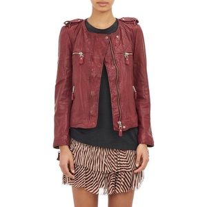 Isabel Marant‎ Etoile | Kady Washed Collarless Leather Moto Jacket in Red US 4